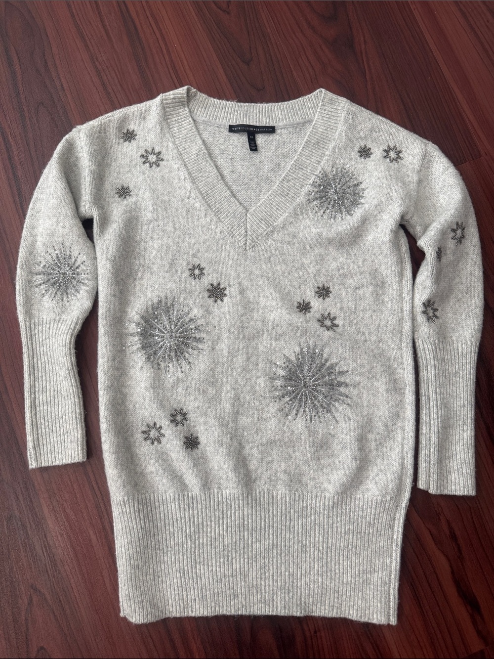 White House Black Market Silver-Embellished Light Gray V-Neck Sweater